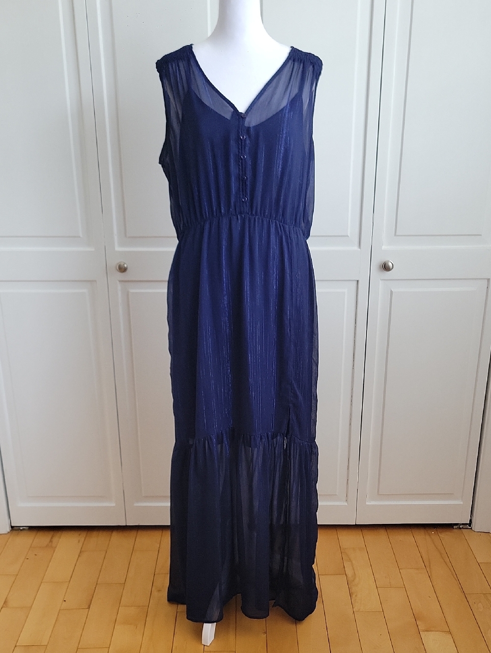 ECI Navy Sheer V-Neck Maxi Dress with Button Front